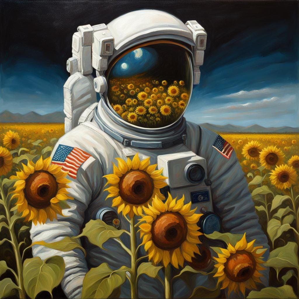 An astronaut in a field of sunflowers.