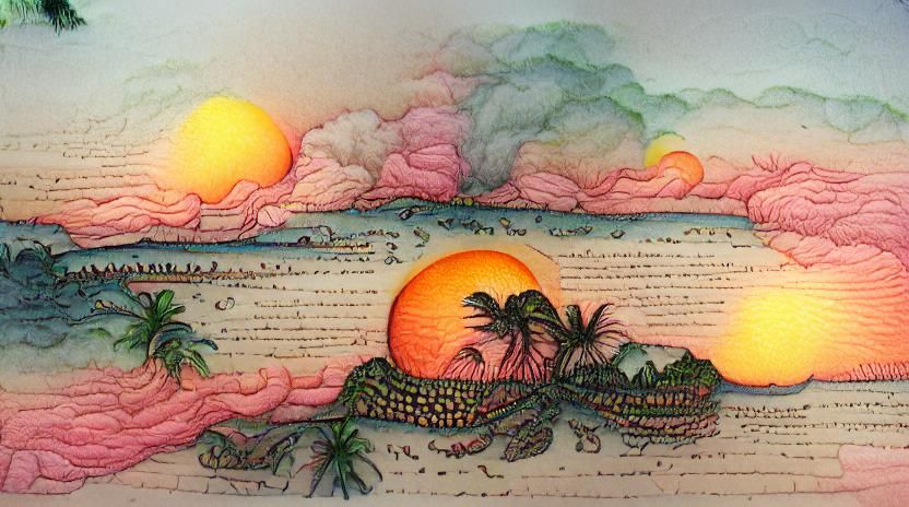Detailed colored ink on paper, illustration of a tropical island sunset