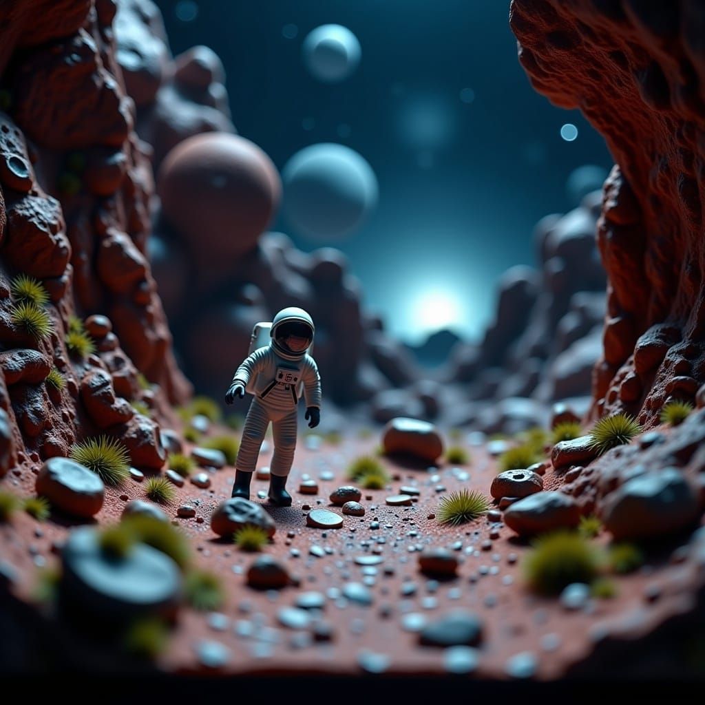<lora:Diorama Trauma:0.8> a "Outerspace" scene, diorama. in the style of an astronaut exploring an alien planet. Cinematic HDR. extremely de...