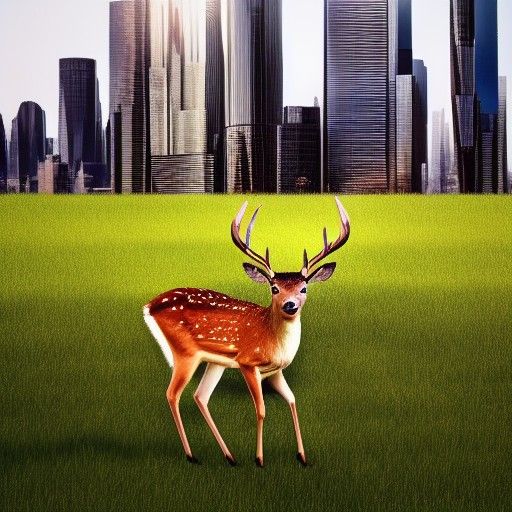 Deer grazing grass surrounded by futuristic city landscape H...