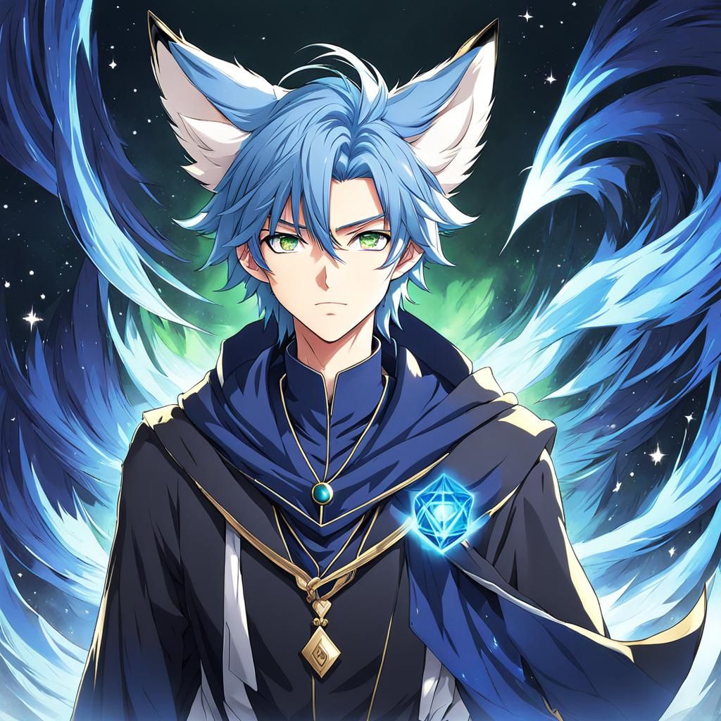 A green-eyed foxboy with blue hair and ears in an indigo cloak with the ...