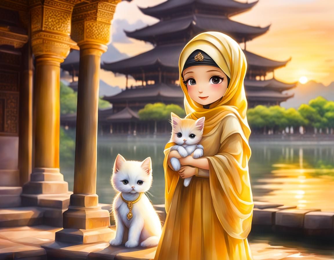 Indonesian girl with her cats in front of the Pura Ulun Danau Bratan ...