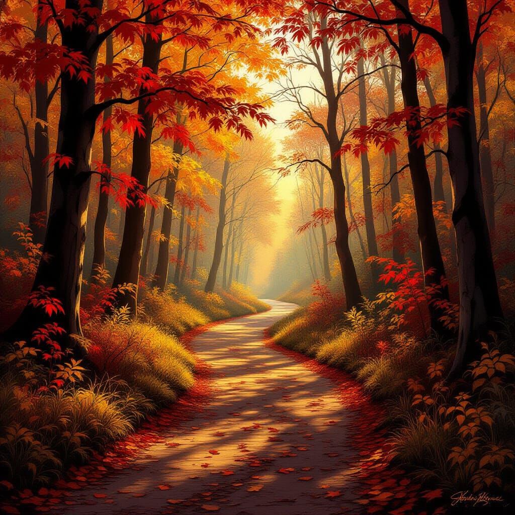Autumn Forest Path in Warm Sunlight