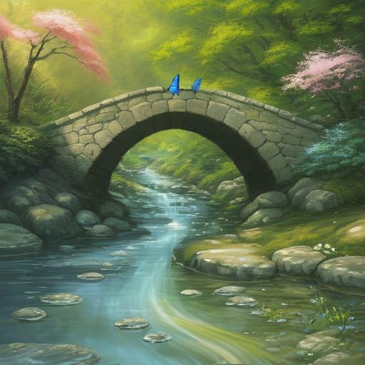 Ancient Stone Bridge Over River in Impressionistic Style