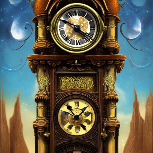 detailed matte painting of an owl face in clock tall antique...