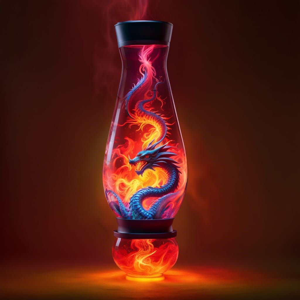 a Lava Lamp with a Chinese dragon inside has colorful wax that flows in liquid, creating