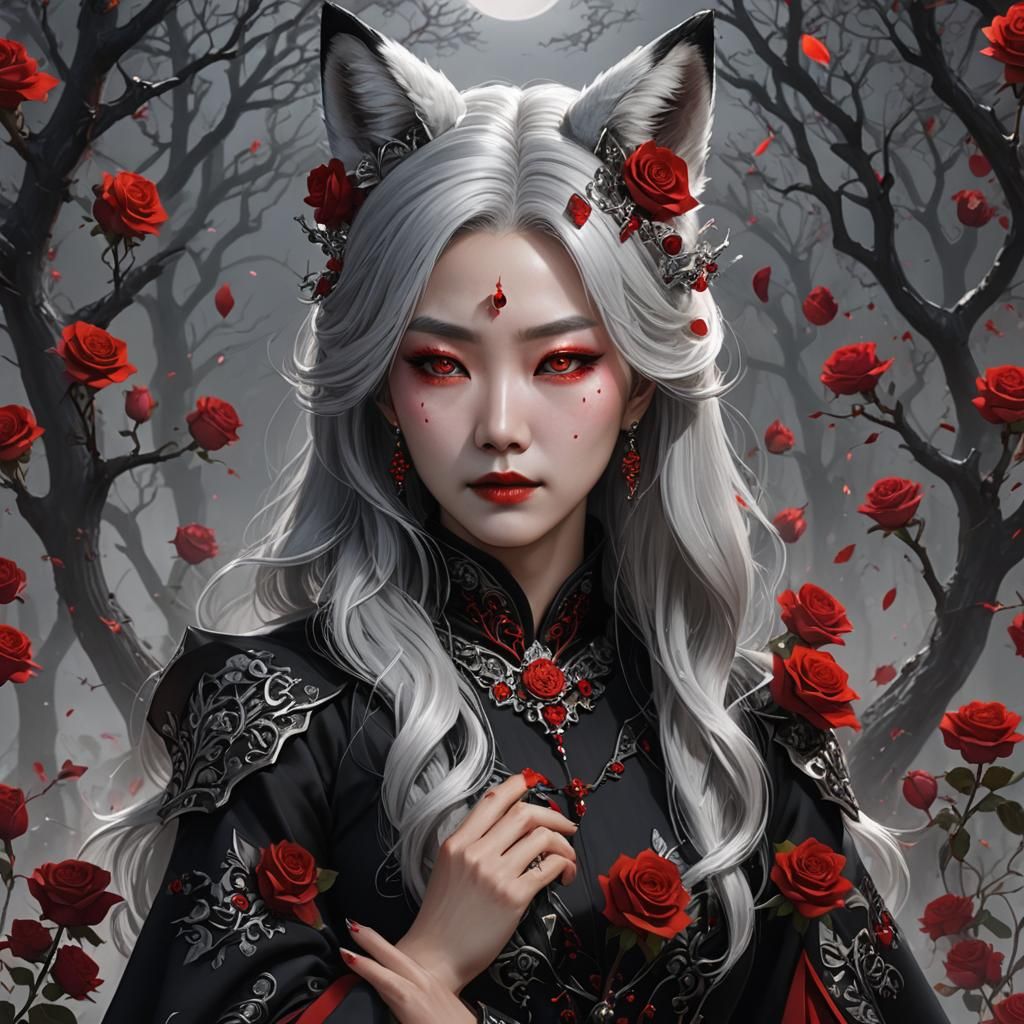 korean lady silver hair black dress red crystals red roses w...