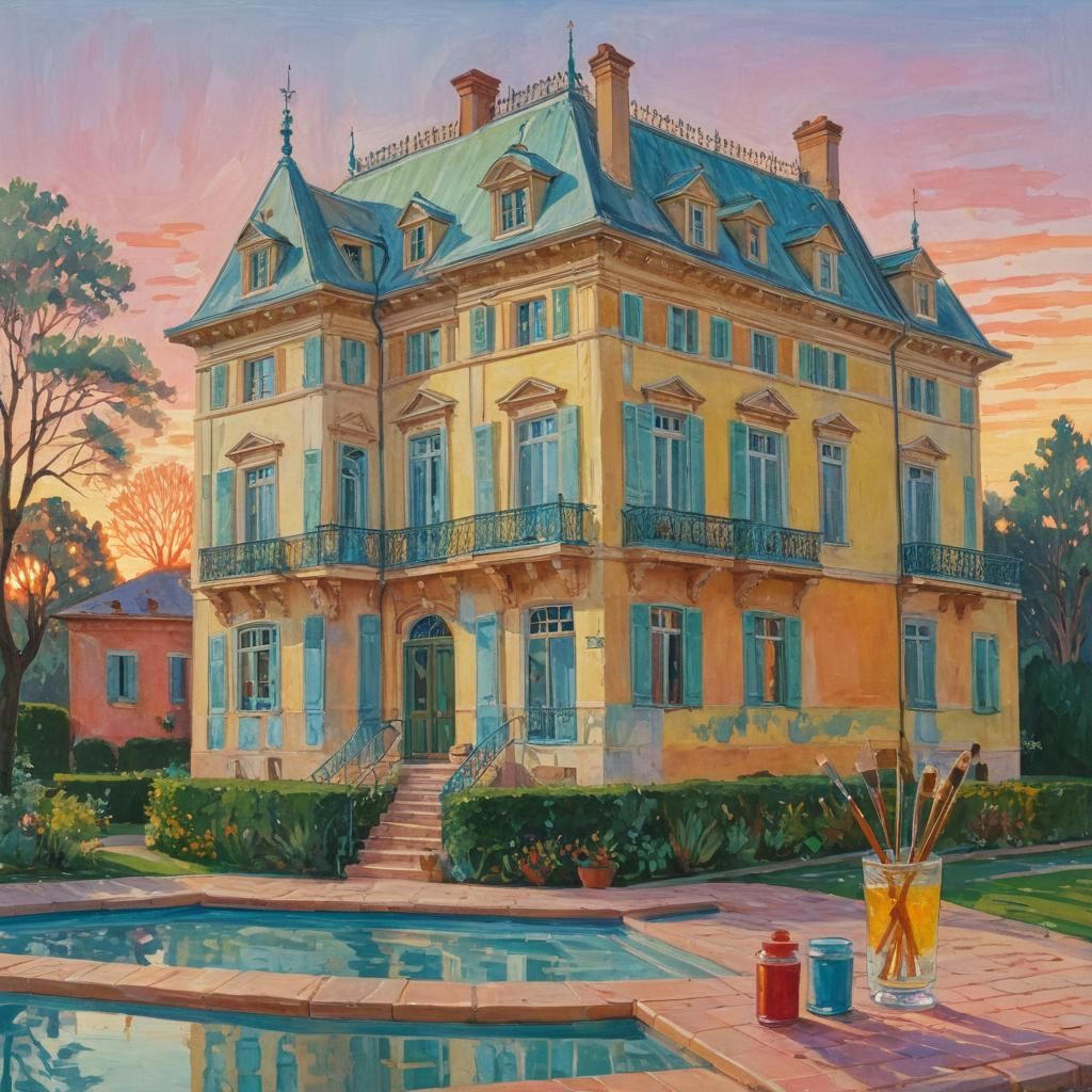 Impressionist Gouache Painting of House and Palace