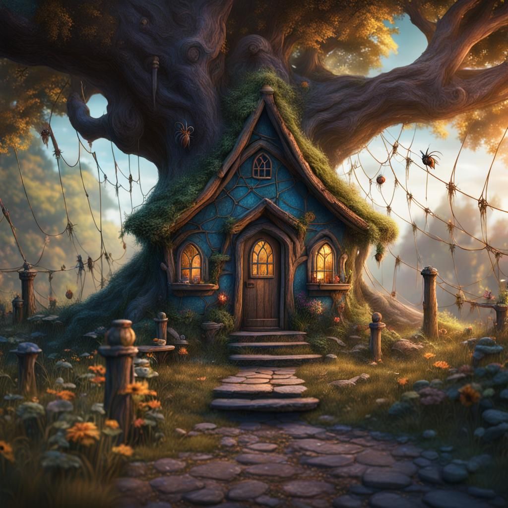 fairy house with spider webs for laundry lines detailed matte painting, deep color, fantastical, intricate ...  by @Morning Dawn