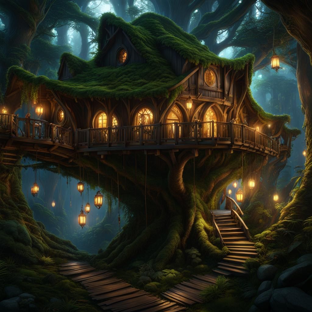 a Lord of the Rings Elven tree house village connected by rope bridges ...