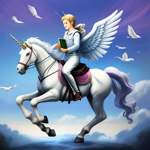 Angel riding on a unicorn reading a book