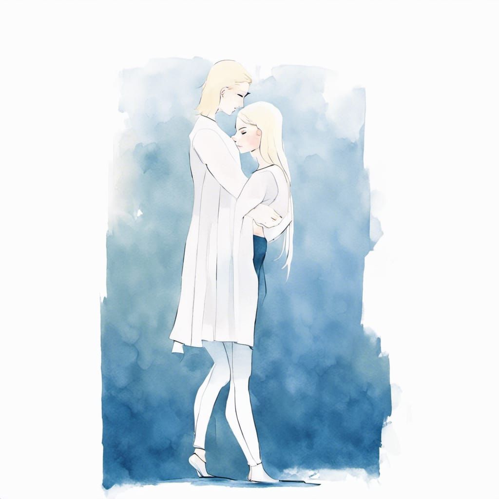 Add a man standing behind her, holding her tenderly. He is s...