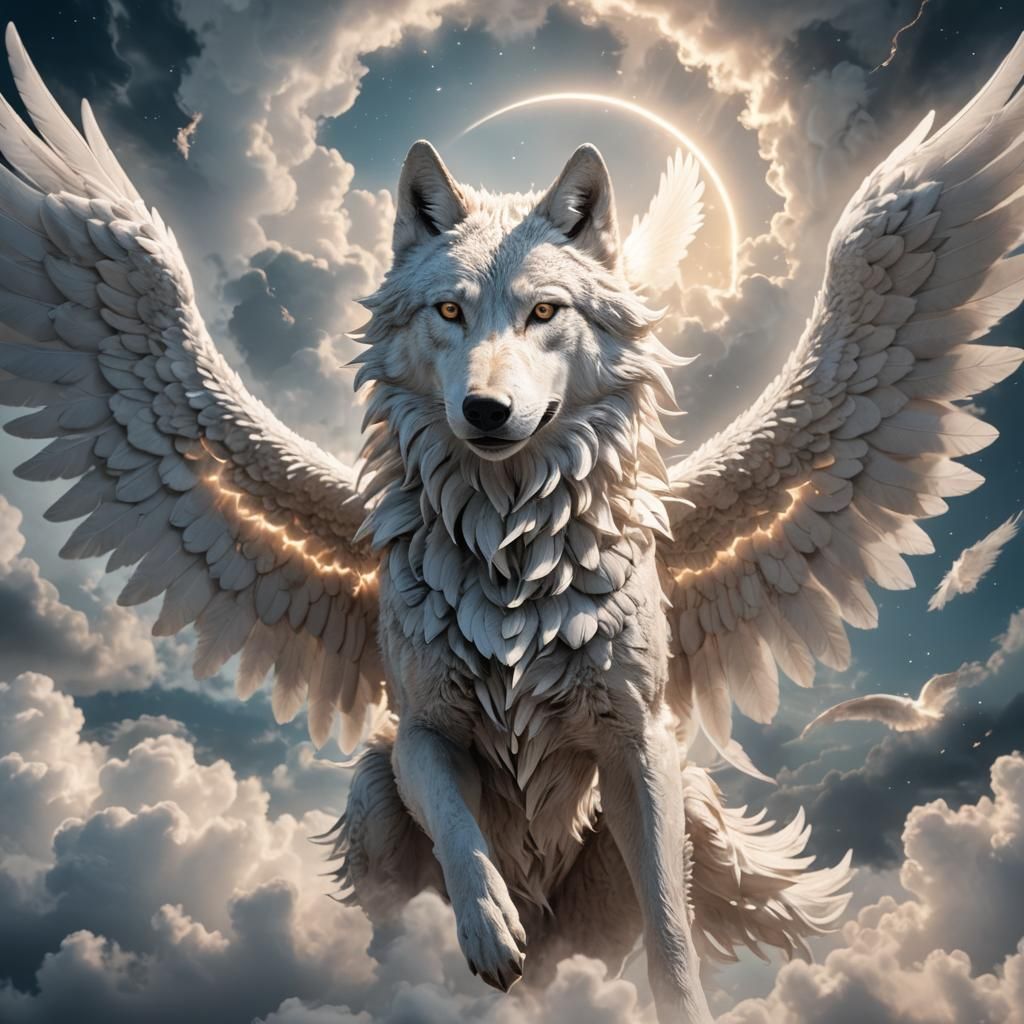 Wolf Angel Soaring Through Clouds: 3D Anime Art