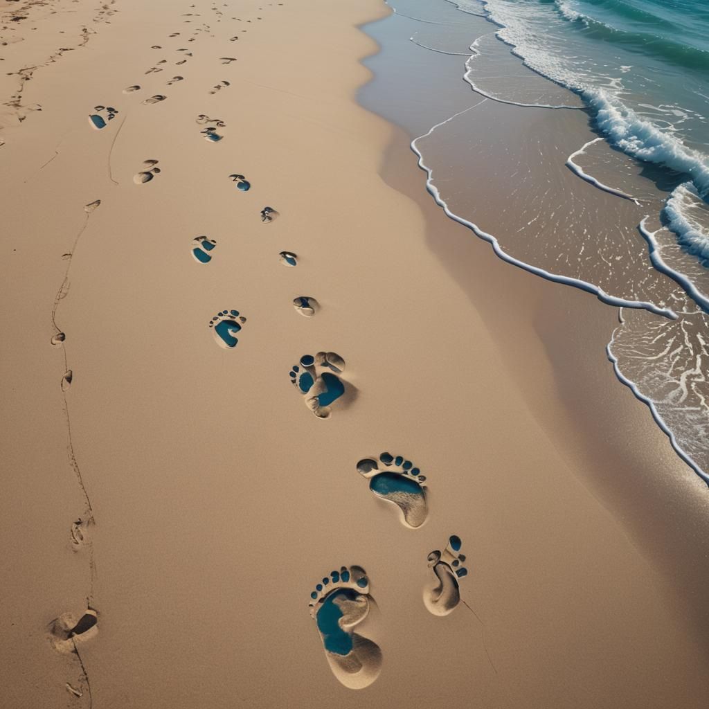 Giant and Child Footprints on Dreamy Beach