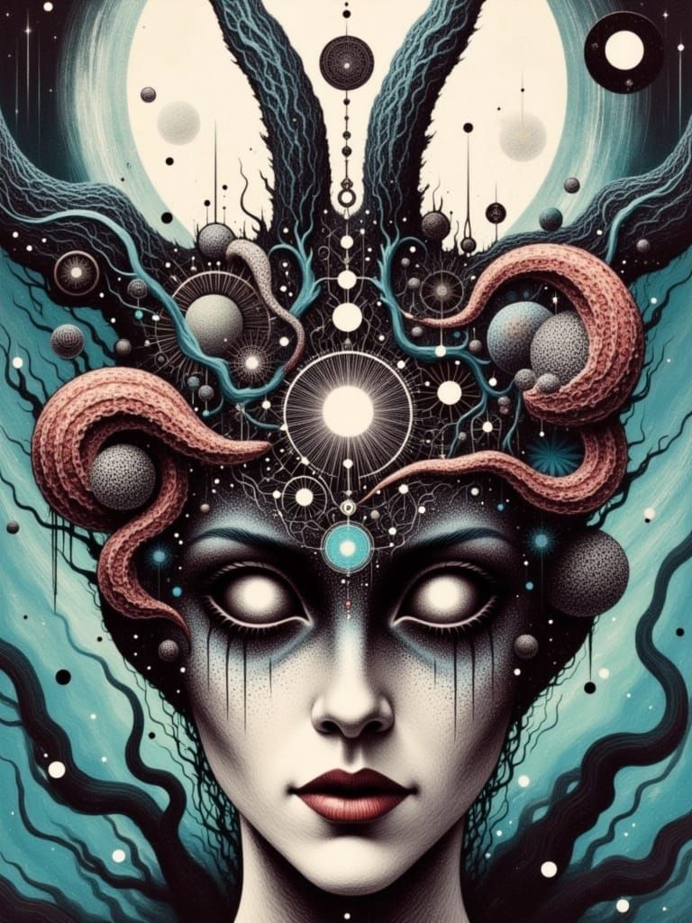 <lora:Black Metal:1.0>
Dark Night of the Soul by Android Jones, Sonya Palencia, Stephen Gammell, Aaron Horkey, breaking into fractals! oil s...