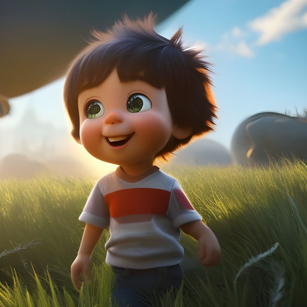 An image of a happy cartoon boy, Pixar style