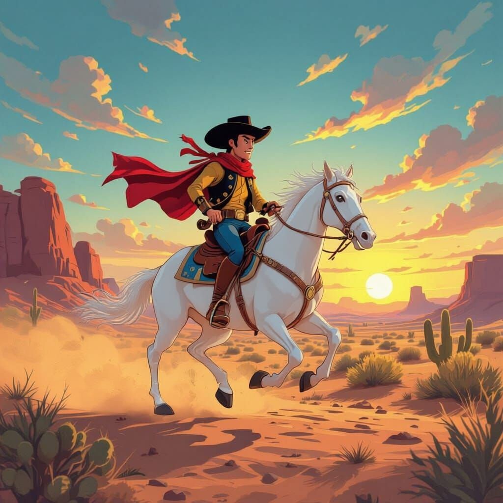 Un dessin animé de Lucky Luke à cheval, galopant dans le désert, avec Jolly Jumper. Le style doit être fidèle à la bande dessinée.