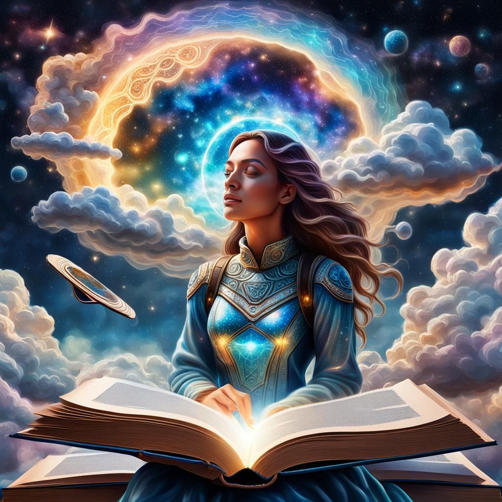 Universe shines from the open book. The book lies on beautif...