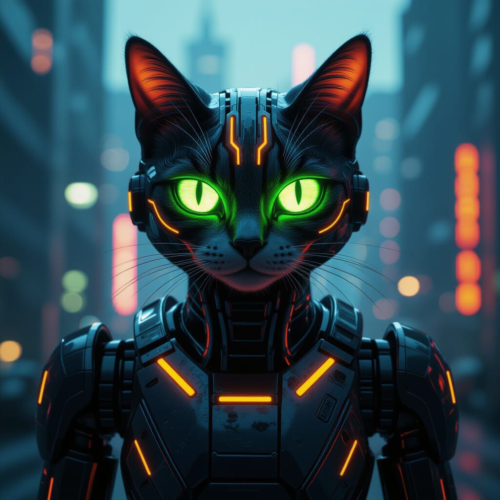 Cybernetic Cat in Futuristic Cityscape
