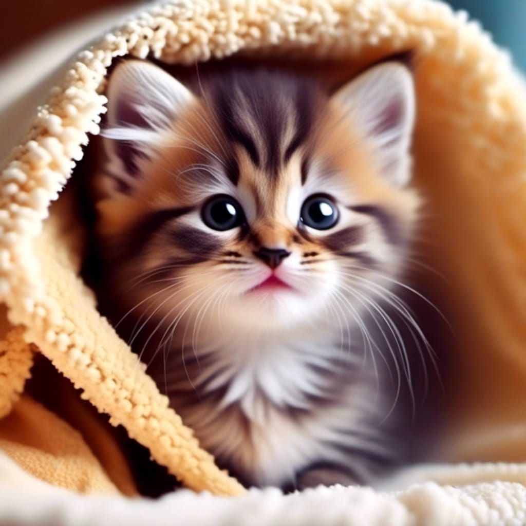 <lora:Kittencove:1.0>Cute little smiling detailed kitten wet just got out of a bathtub cuddled up in a towel that makes him look like a bur...