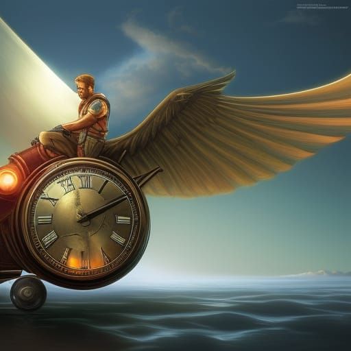 Man Flies Clockwork Machine Over Landscape, Digital Art