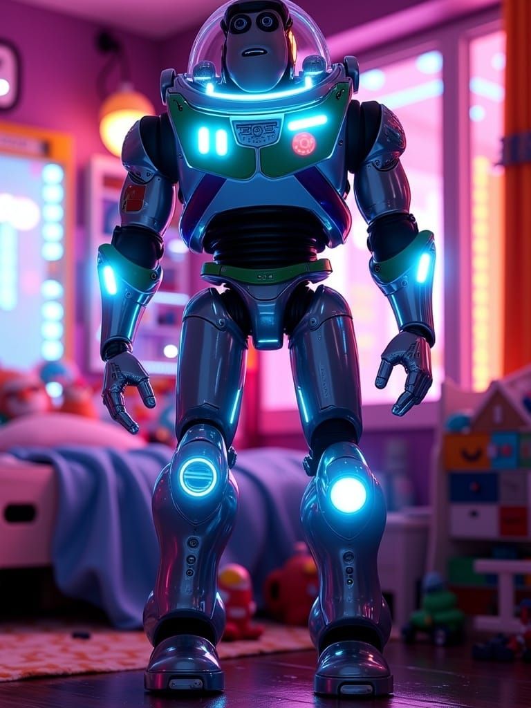 <lora:Mech Reboot vFLUX:1.0> Futuristic neon Buzz Lightyear hovering above basic toys in a bedroom, Christmas advertising style futuristic,...