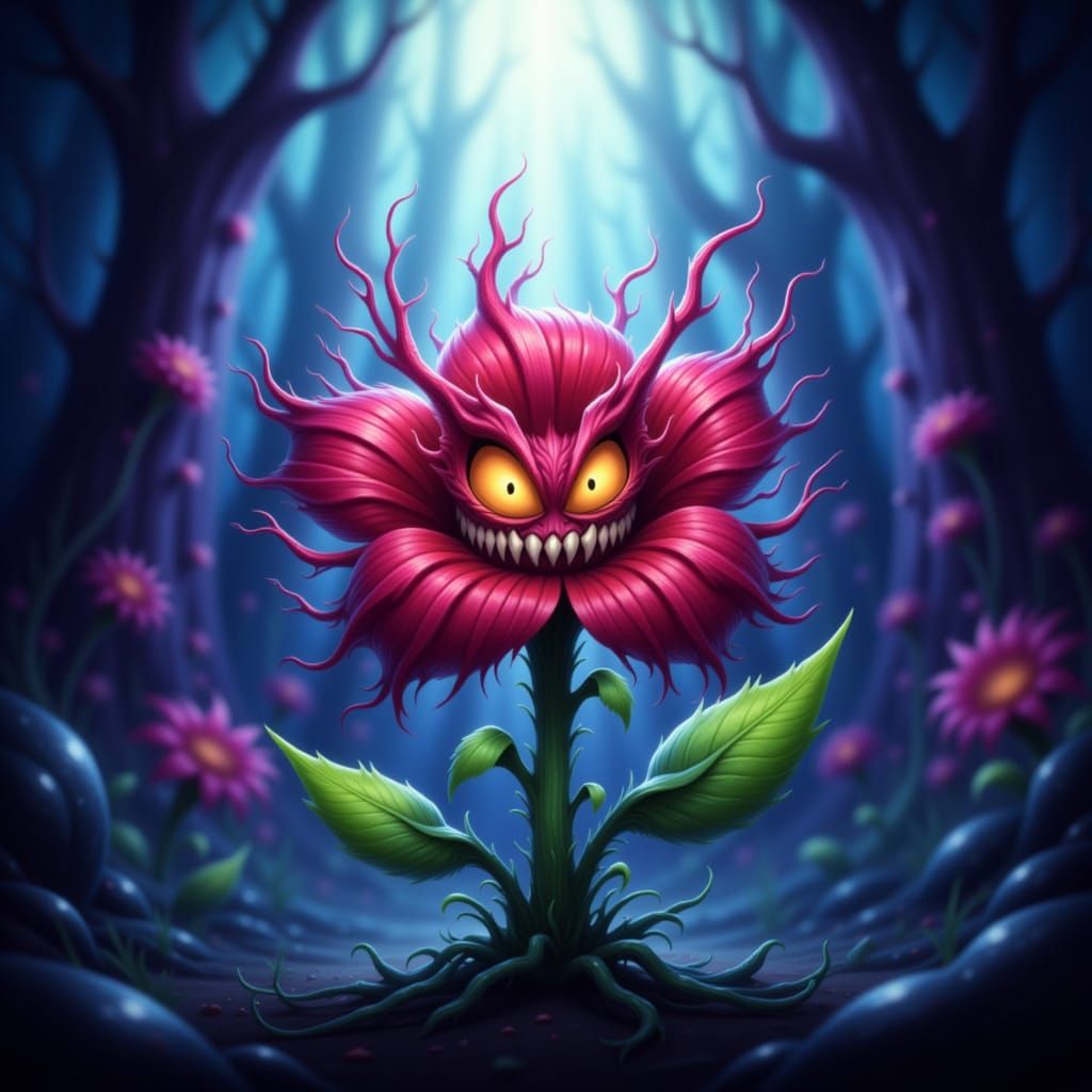 A menacing cartoon flower with sharp teeth and glowing, expr...