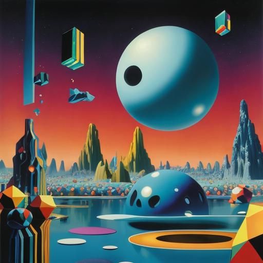 A surreal environment with floating cubes and spheres,