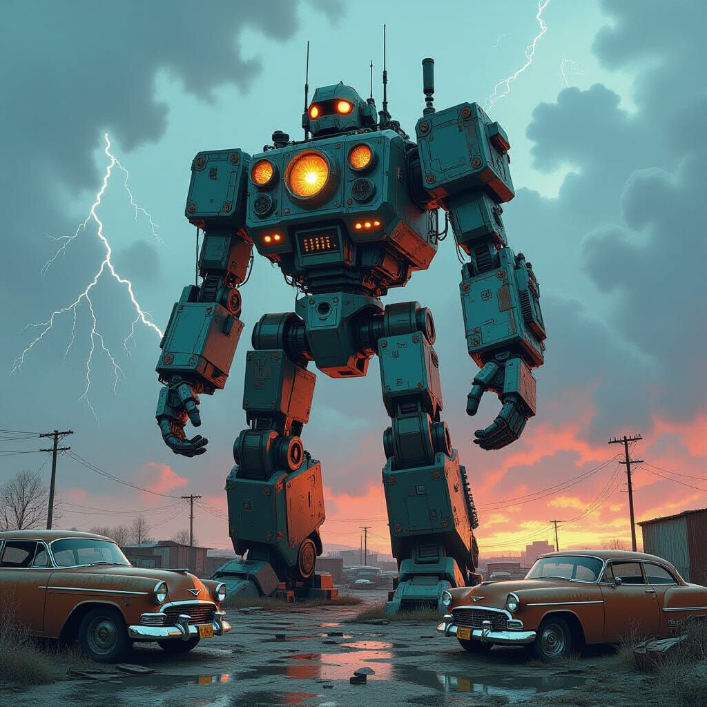 Colossal Radio Robot in Junkyard, Hyperrealistic Style