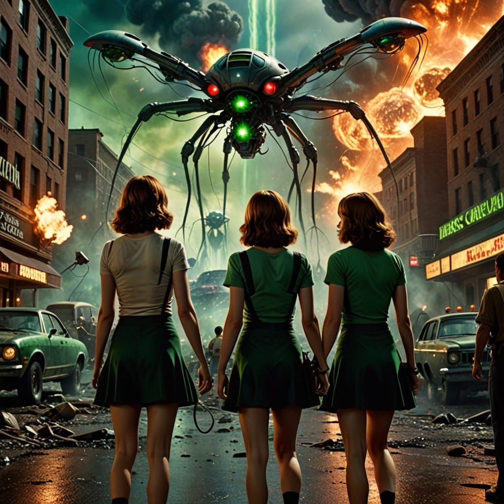 Cheerleaders Amidst Alien War in Cinematic Hyper-Realism