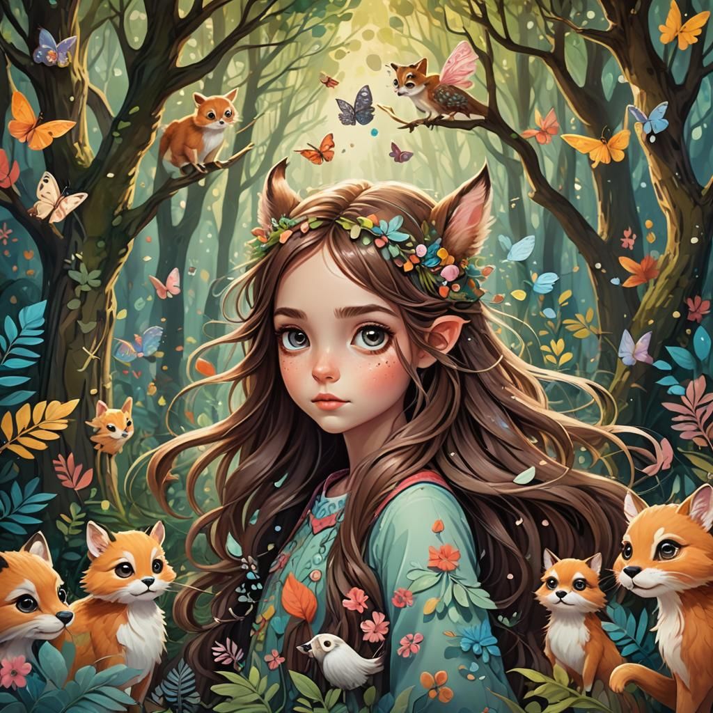 A cute, whimsical illustration of a girl animal with long br...