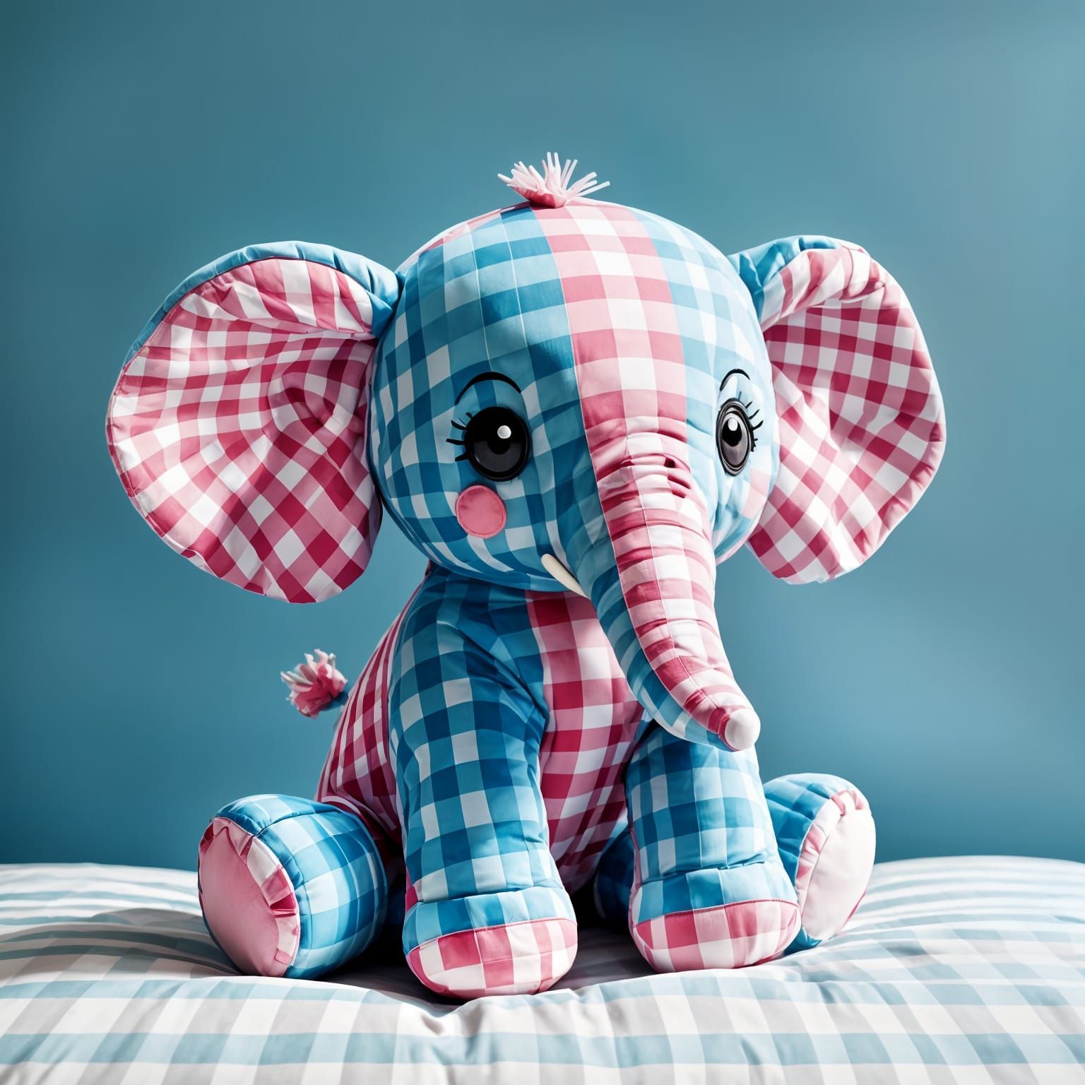 Colourful Gingham Elephant Toy on a Child's Bed