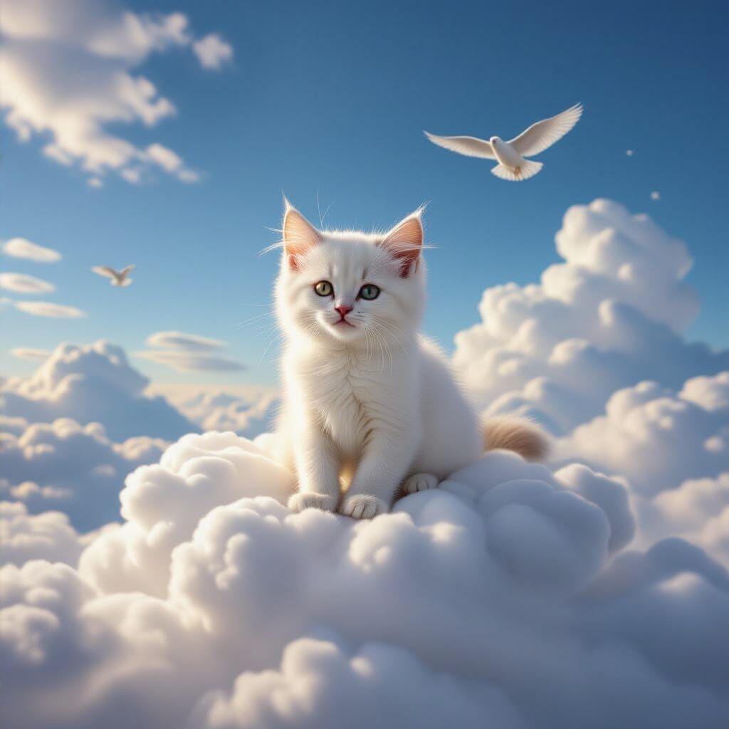 Cute White Kitten on Cloud with Butterflies at Sunset