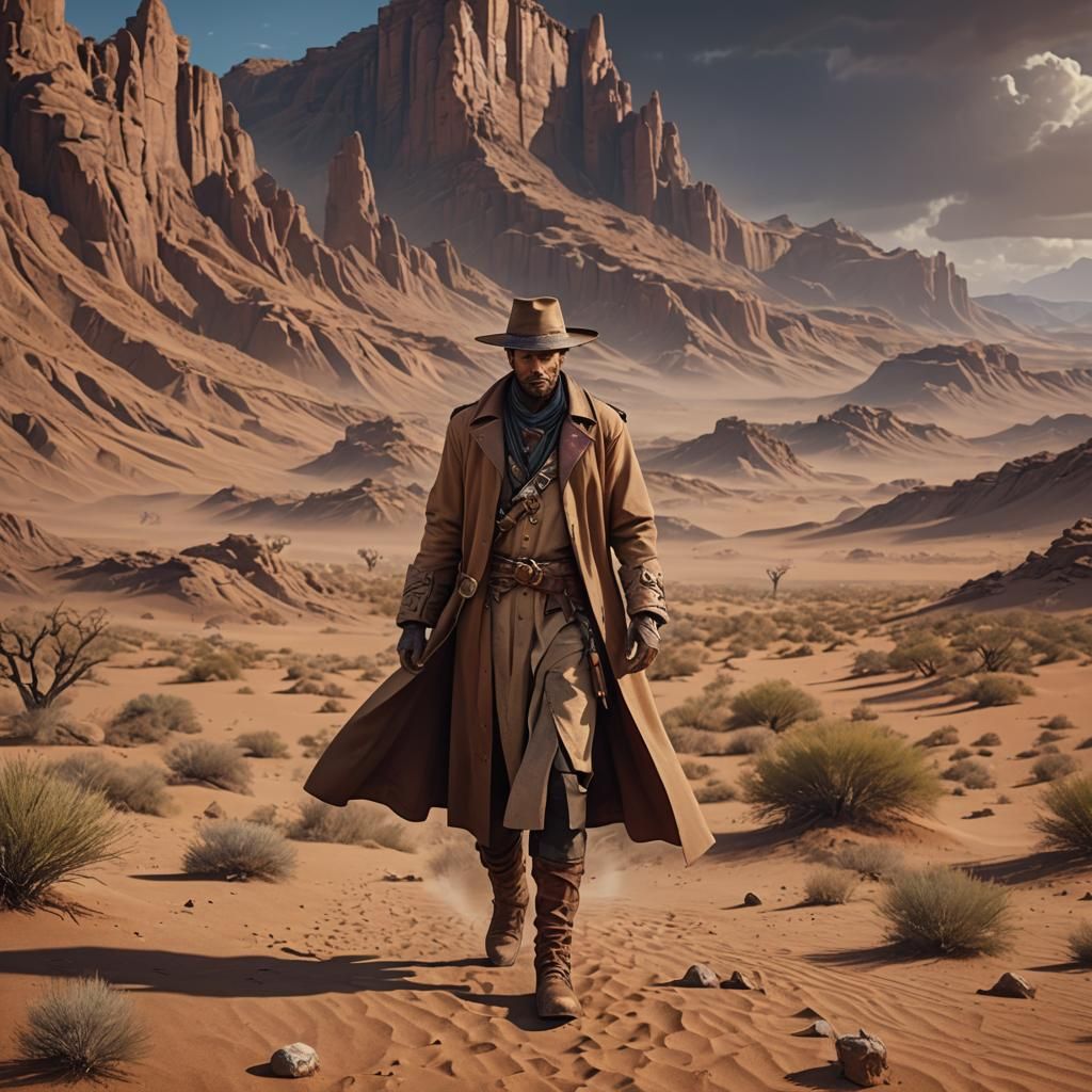 a desert dweller in a long brown fabric coat and brown boots