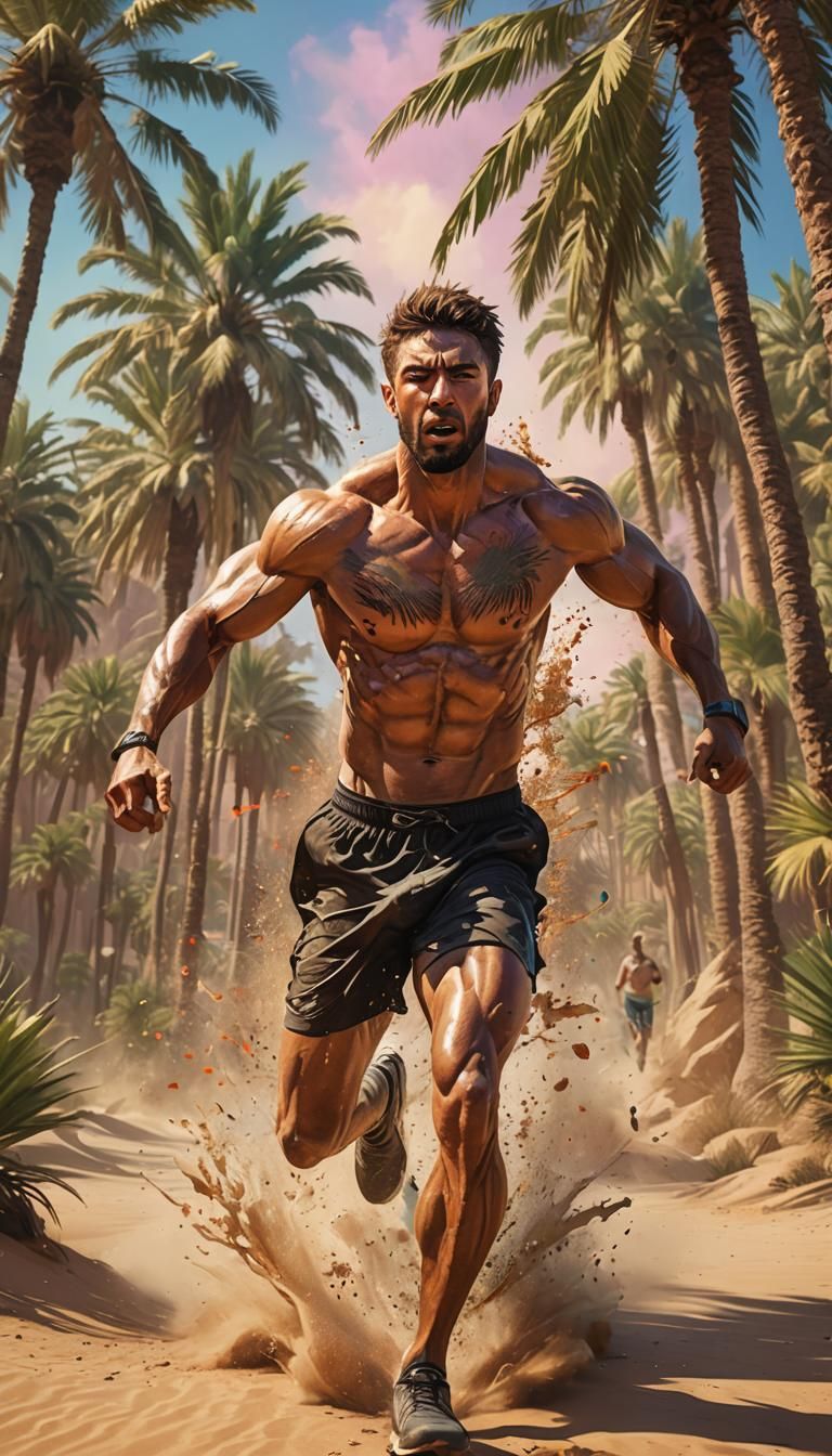 beautiful oasis, desert, palm trees, man, muscular, running