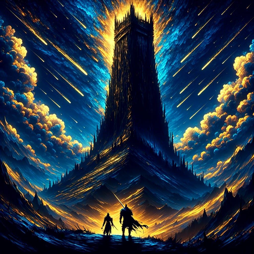 <lora:Comet-Fall:1.3> giant black tall tower on top of a hill, warrior silhouette walking towards; deep blue epic night sky acrylic paint vi...