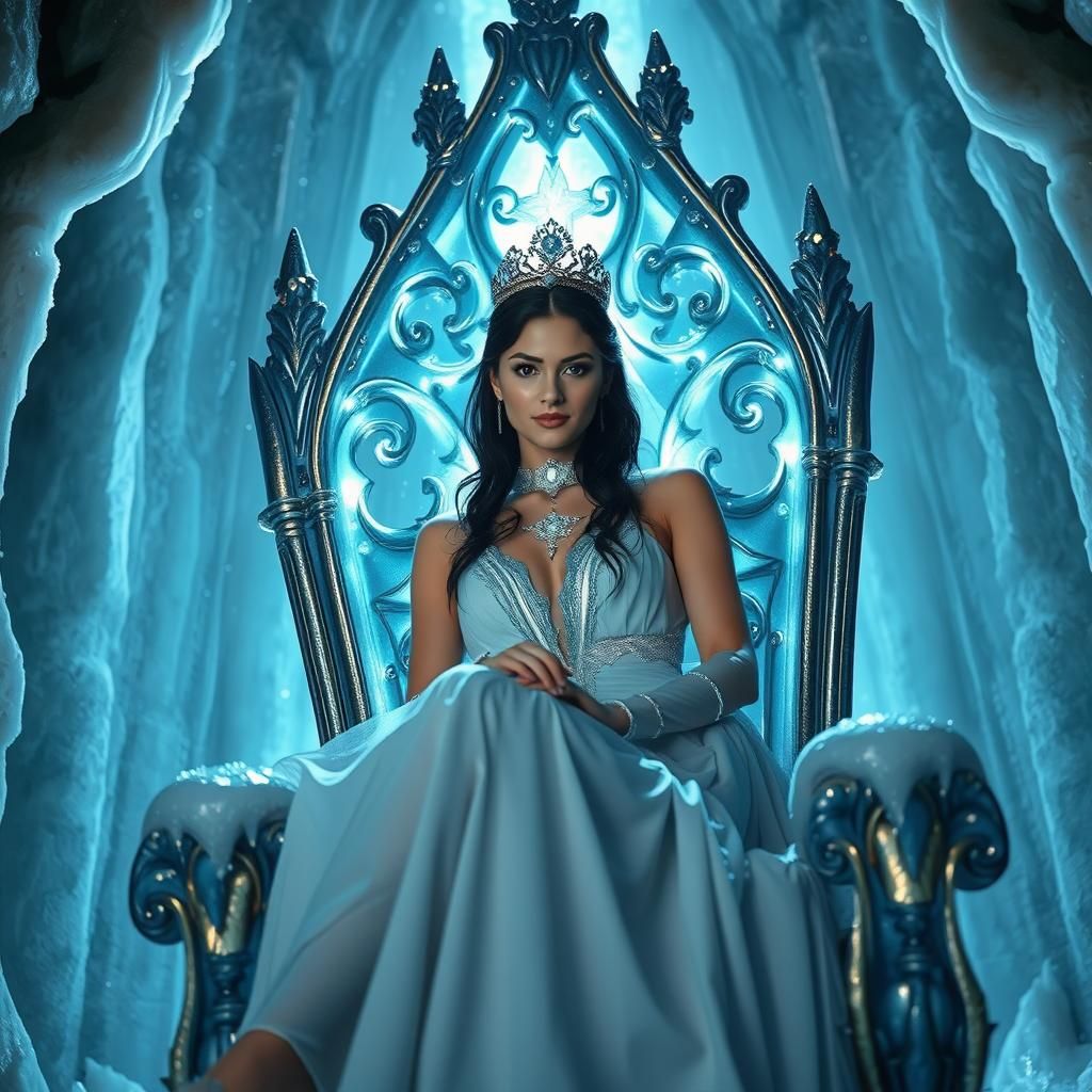 beautiful woman, raven black hair, ice queen, icy white blue dress, sitting on a throne of ice, in a icy palace, camera from below, ice quee...