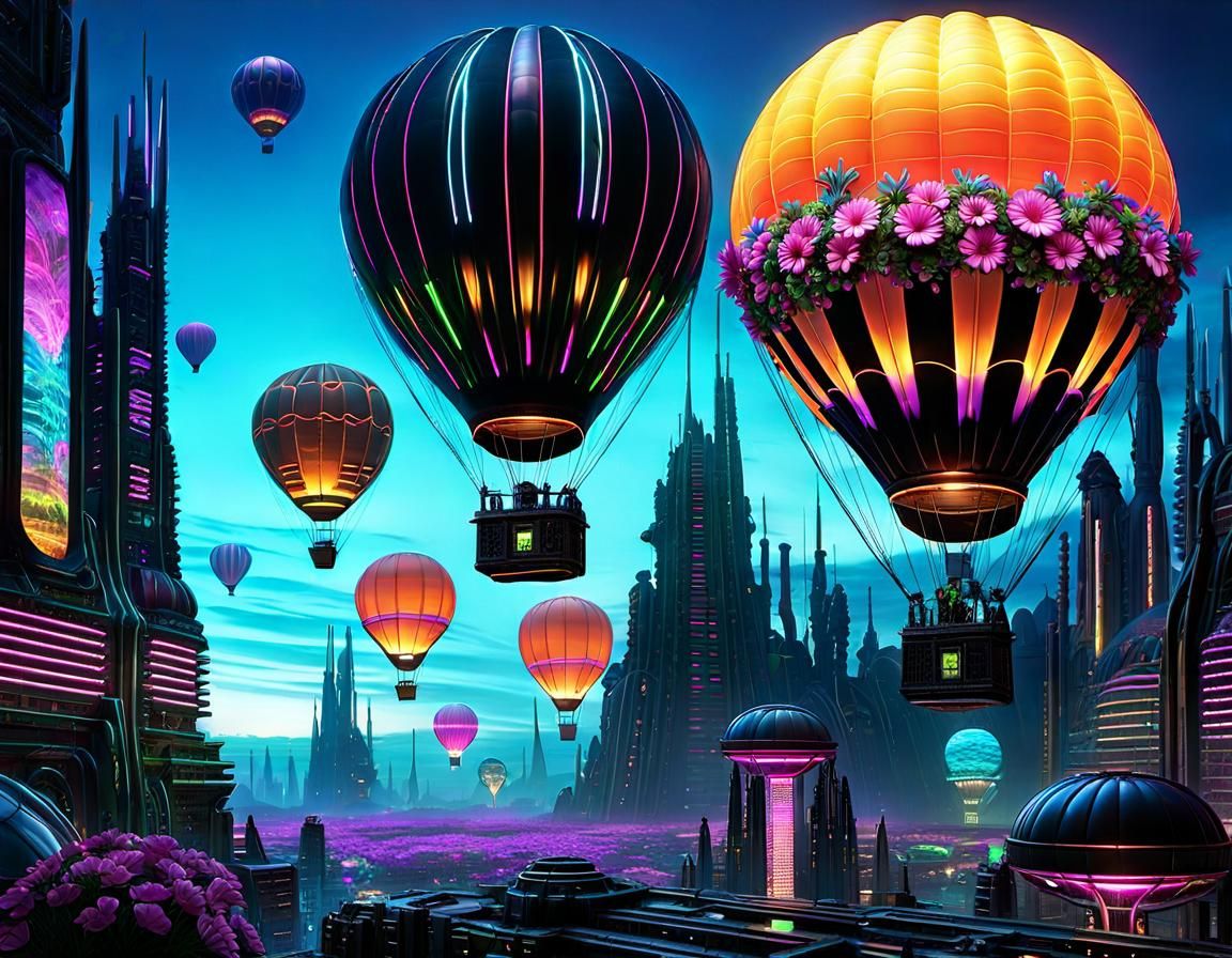 Bioluminescent Balloons Over Cybercore City