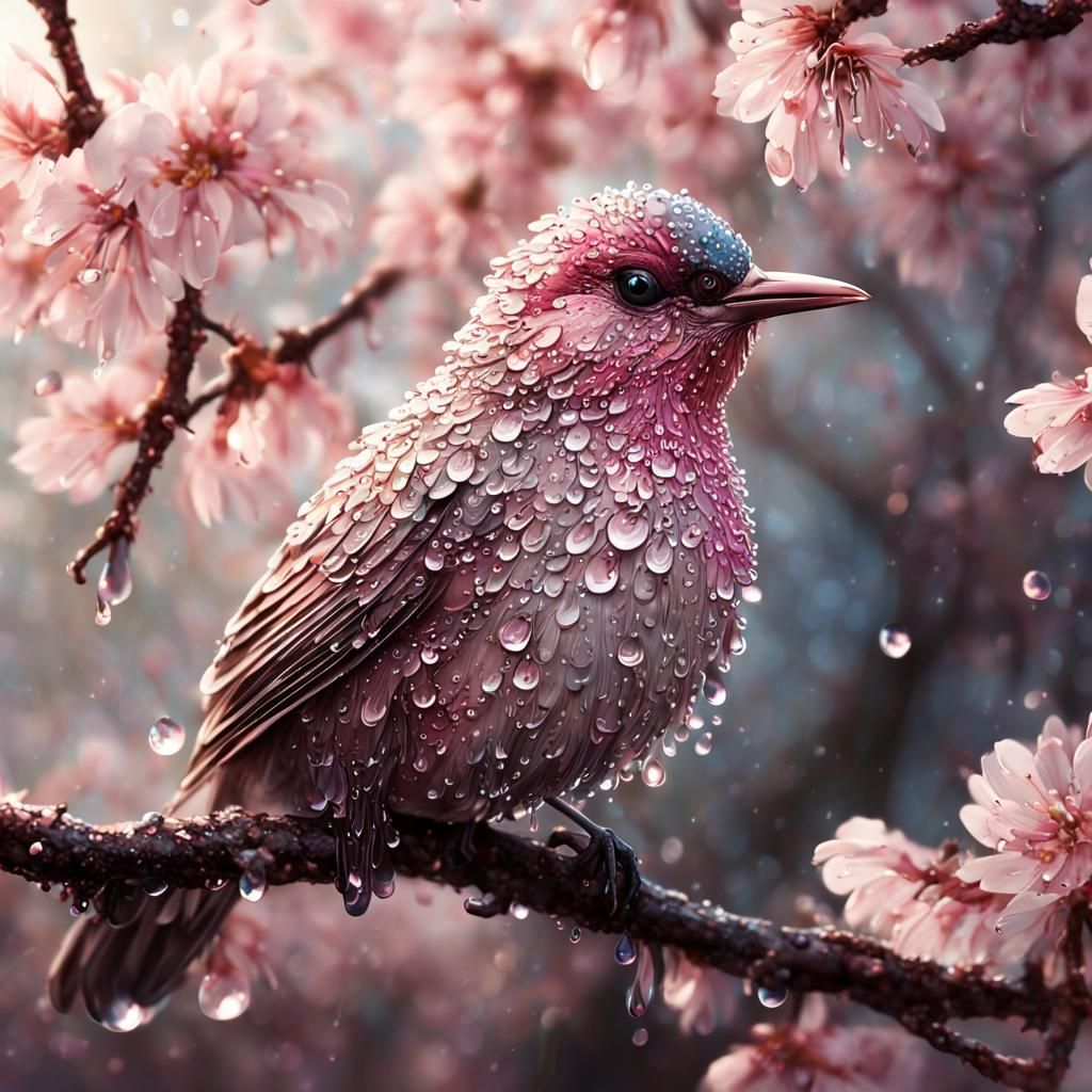 close up of a beautiful bird with detailed textured feathers covered in detailed dew drops, perched on ...  by @AutumnBear