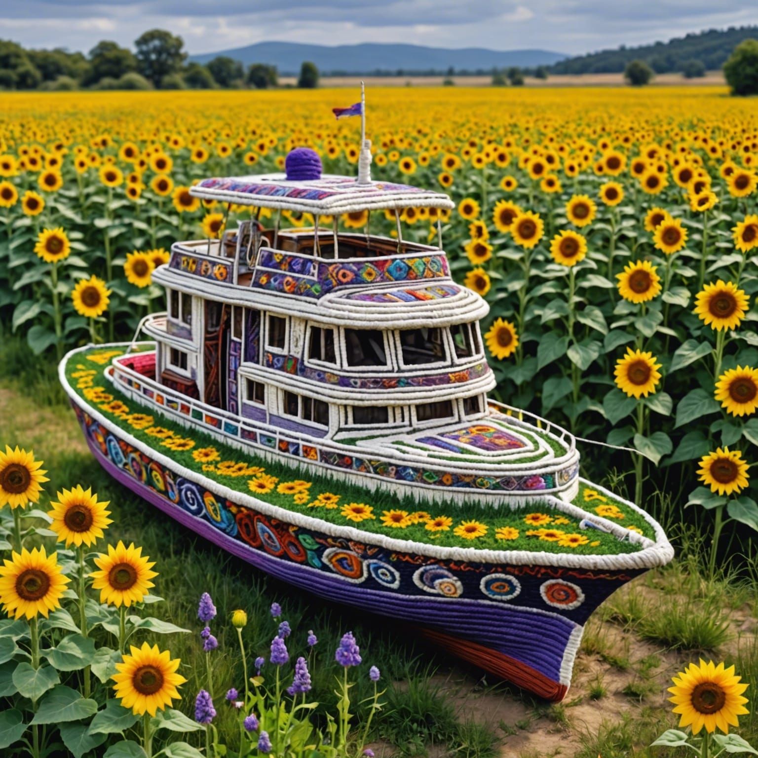 Boat made of yarn. Cruiser parked in a meadow; sunflowers. 