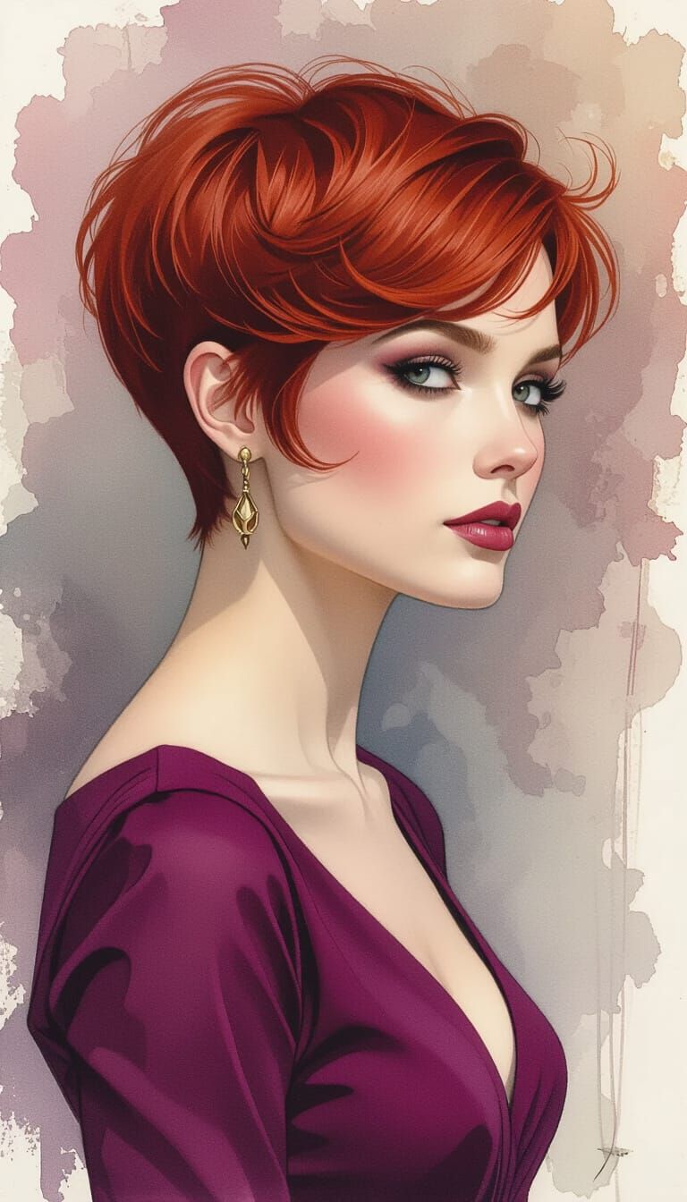 Melancholic Redhead Portrait in Mixed Media Style