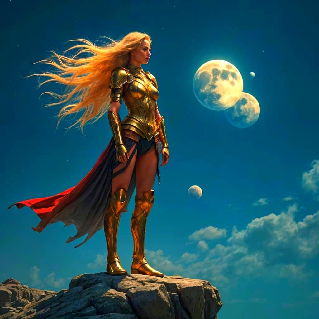Valkyrie in Golden Armor Under a Starry Sky