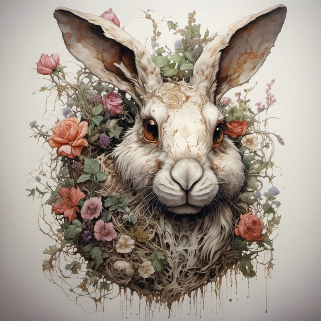 <lora:FloraFaunaSkulls:0.9> zombie rabbit character portrait, ecological art , rabbit rotting character, horror film,