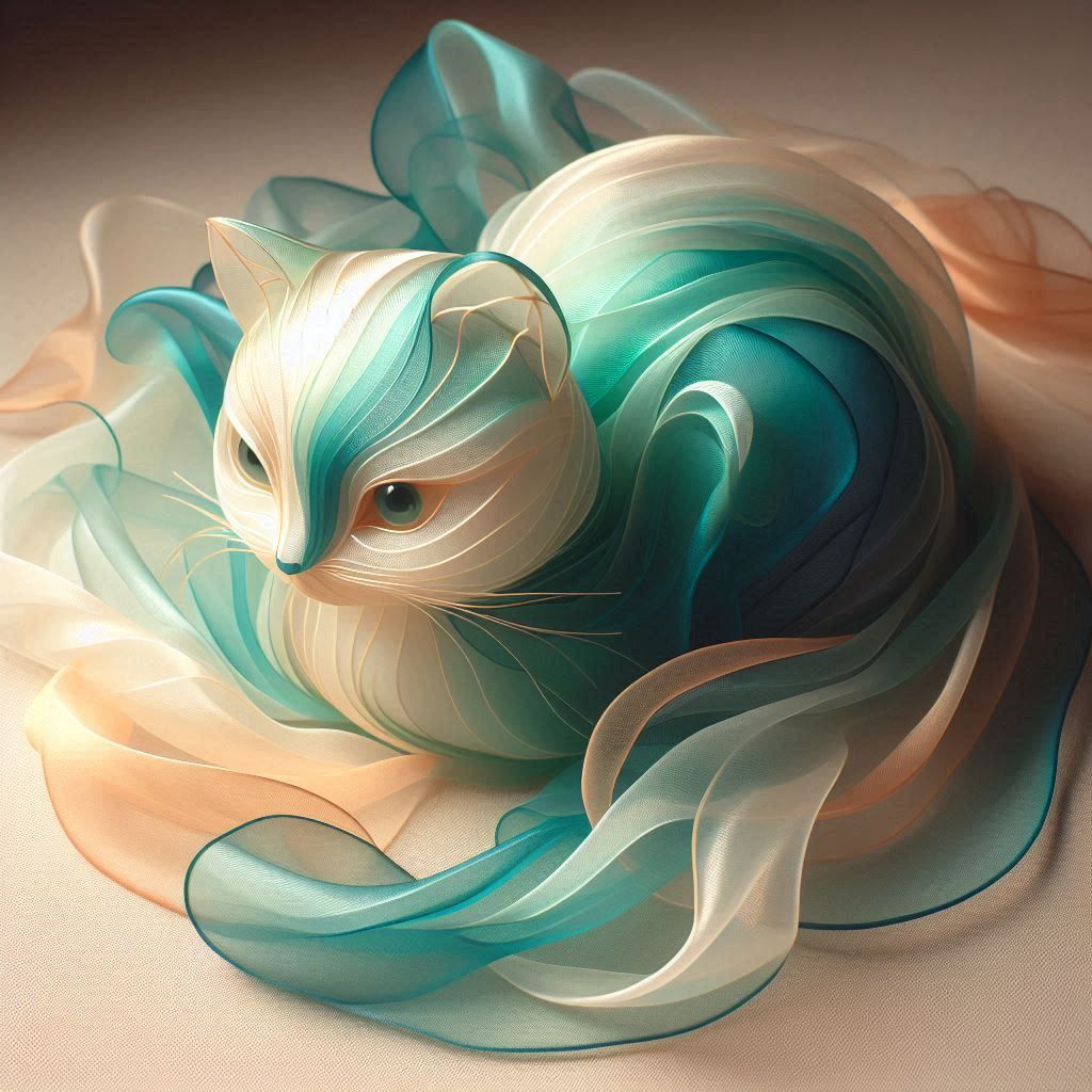 A cat made from a luminous transparent silk scarf