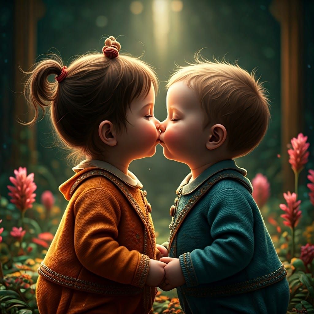 Innocent Childhood Love in Lush Fantasy Landscape