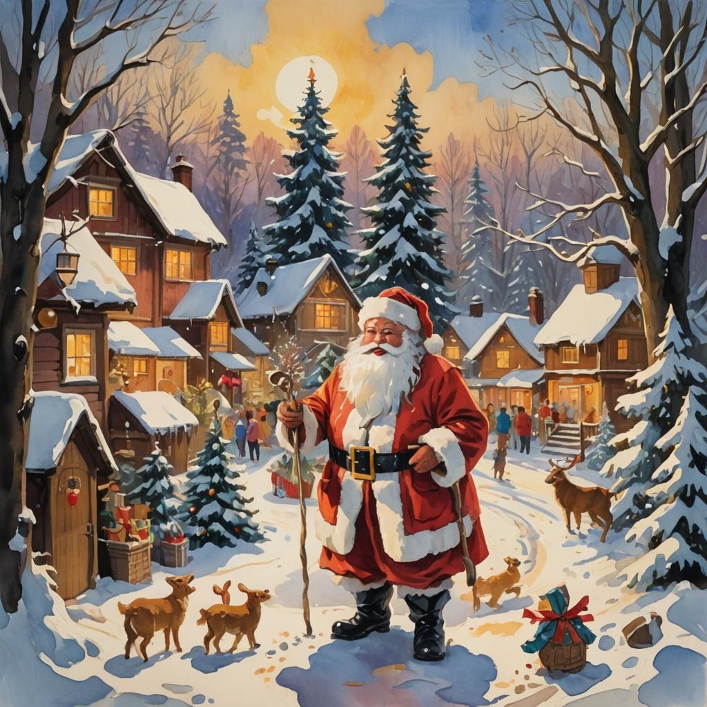 Festive Santa in Snowy Wonderland, Impressionist Gouache