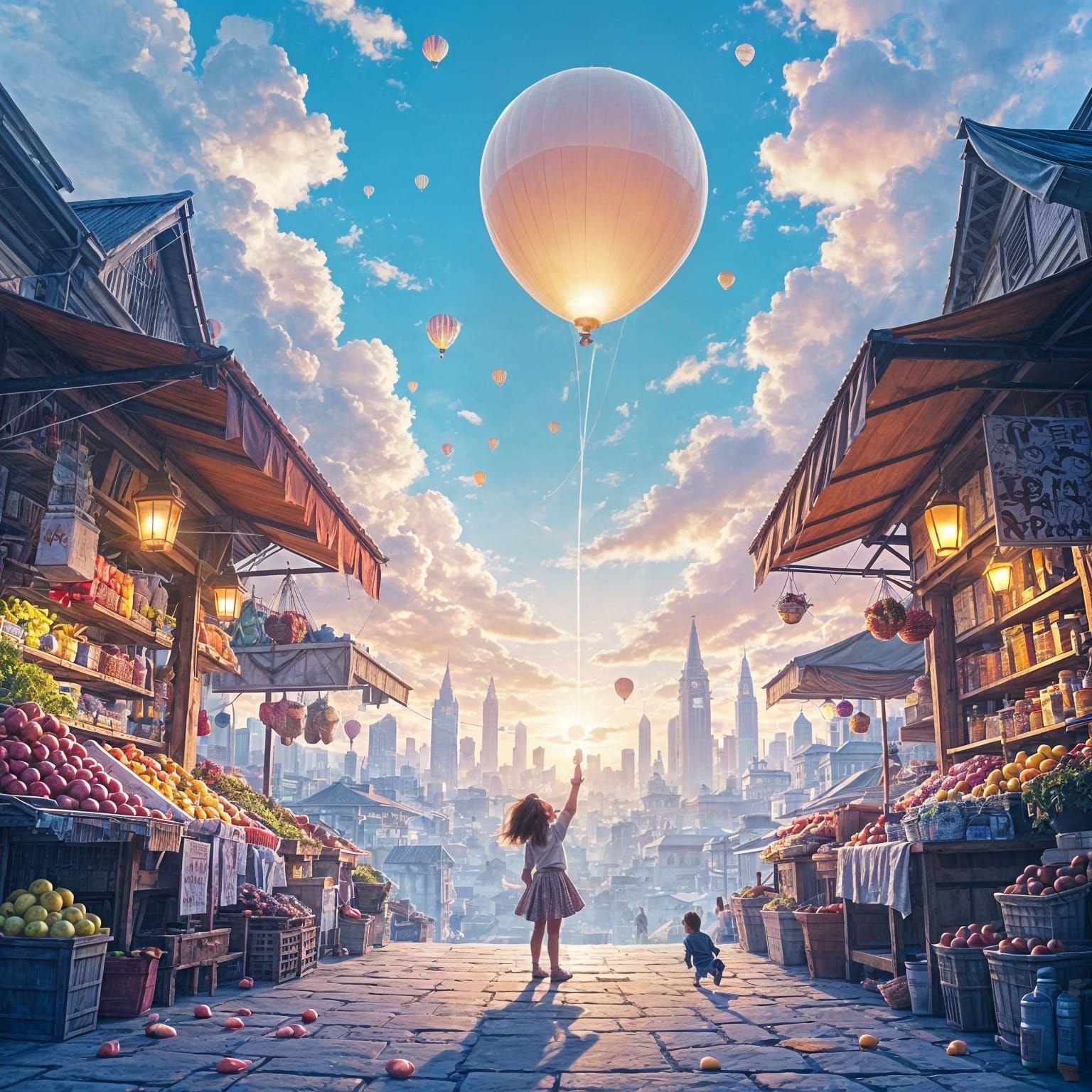 Girl Gazes Up at Floating Sky Market in Magical Realism Styl...