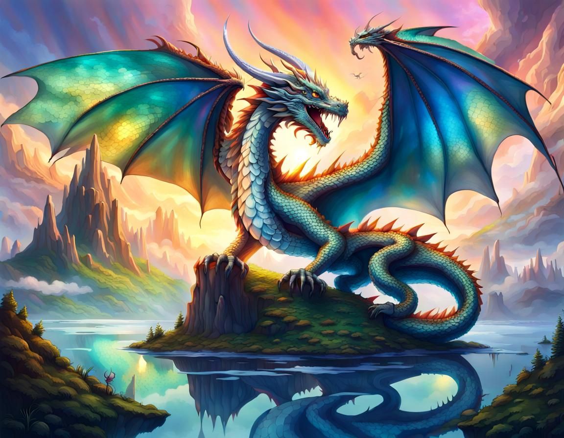 A majestic dragon, its iridescent scales reflecting the light, soaring ...