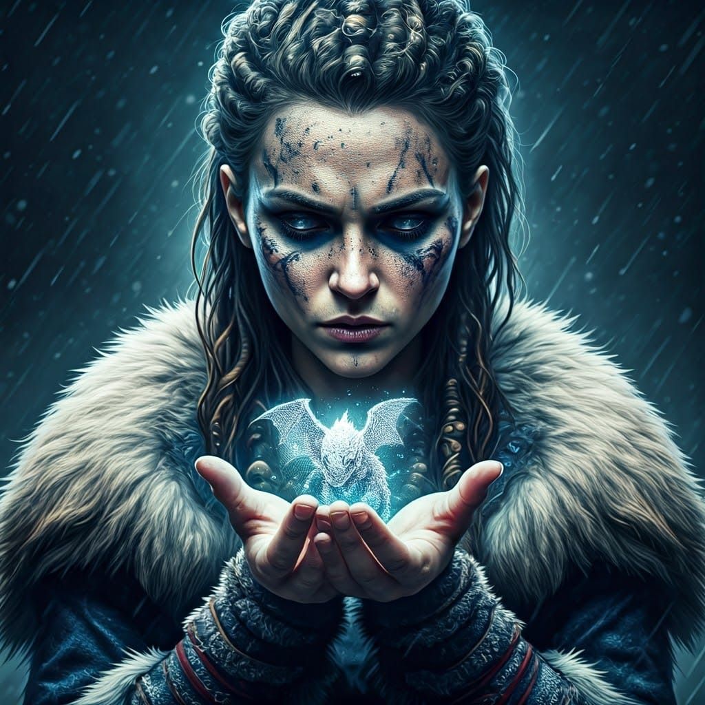 A fierce female Viking with Viking hair style, wet and covered in dirt and frost holding an extremely ...  by @Kindly Offer