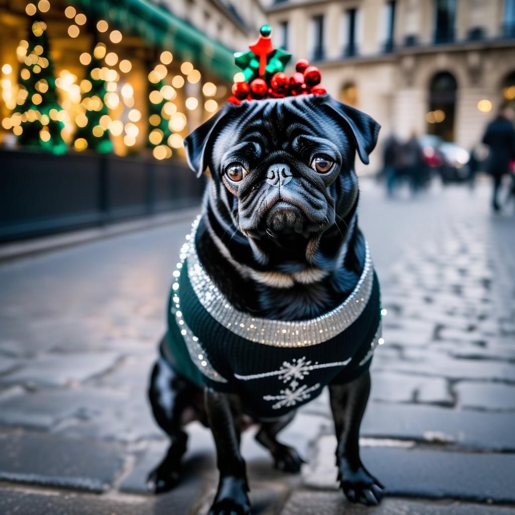 black pug celebrating christmas holidays in paris